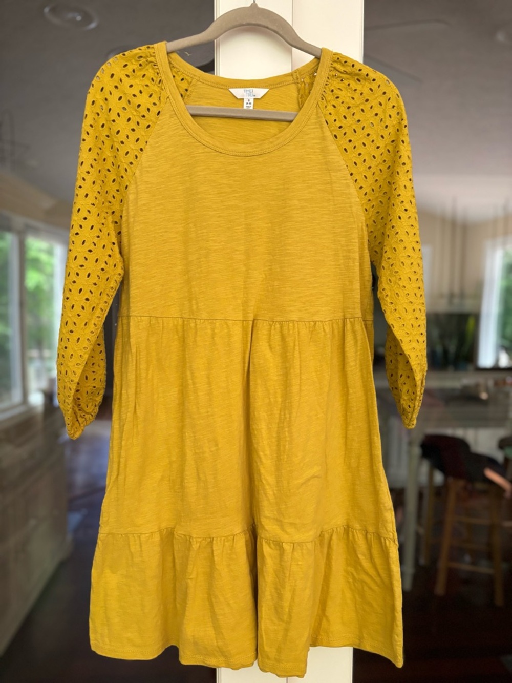 Time and Tru Mustard Yellow Eyelet Sleeve Tiered Dress